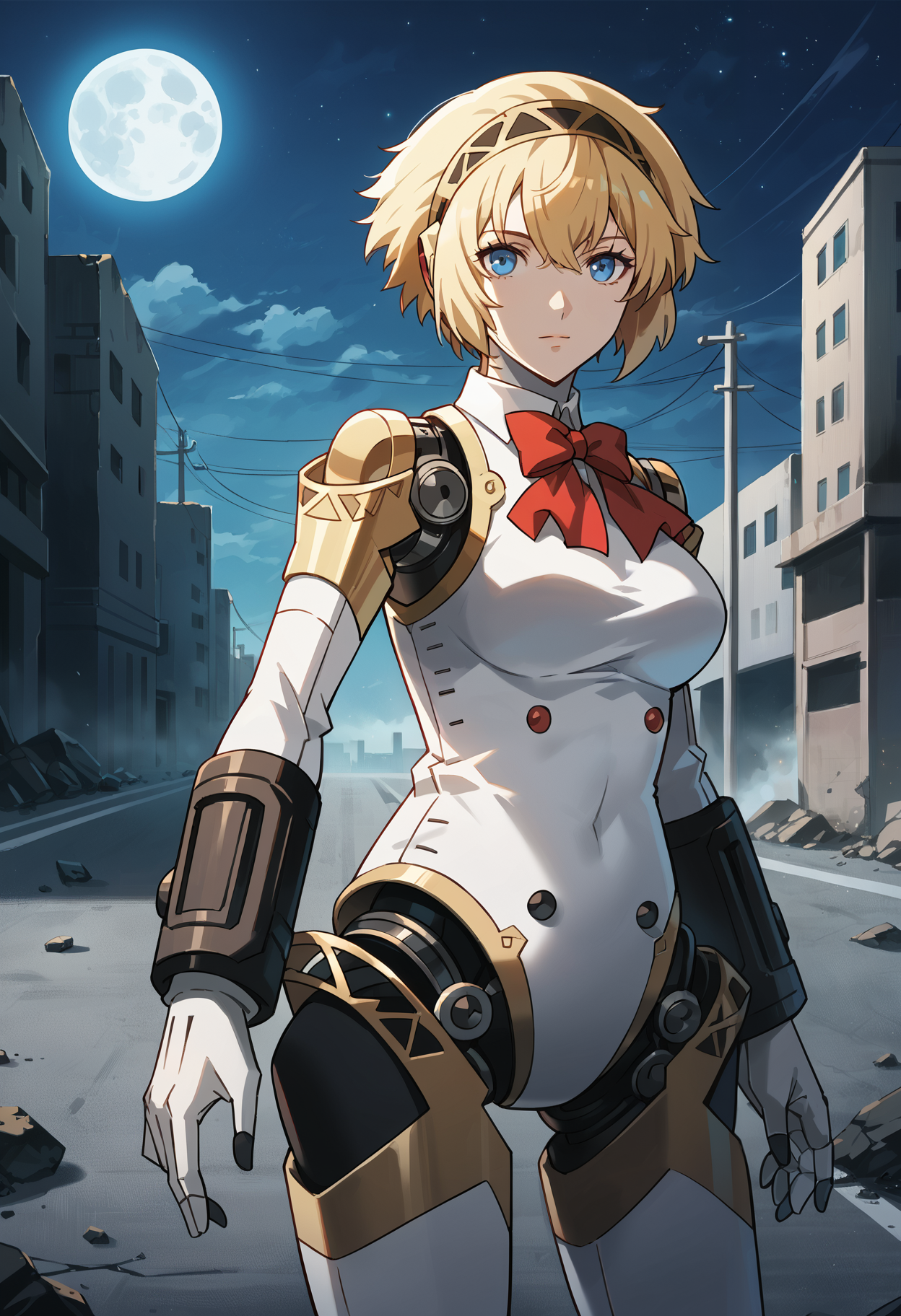 score_9, score_8_up, score_7_up, score_6_up, score_5_up, score_4_up, source_anime
(masterwork, masterpiece, best quality, hyper-detailed :1.3), 
1 girl, solo,
p3aigis, aegis (persona), android, short hair, blonde hair, hairband,
p3aigis-robot, robot joints, bow, red bowtie,
closeup,
outside, highway, street, rubble, destruction, fire, nighttime, dark, stars, moonlight, full moon, side view, looking at viewer,