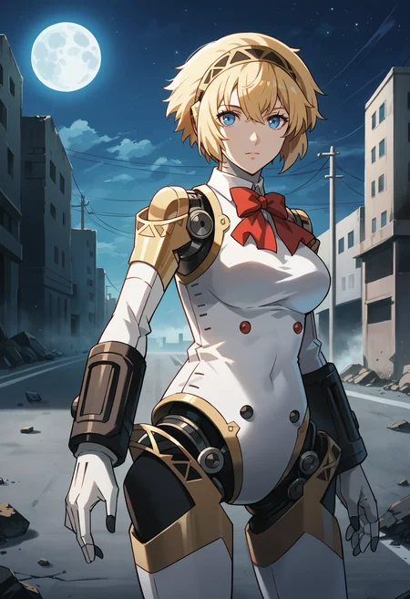score_9, score_8_up, score_7_up, score_6_up, score_5_up, score_4_up, source_anime
(masterwork, masterpiece, best quality, hyper-detailed :1.3),
1 girl, solo,
p3aigis, aegis (persona), android, short hair, blonde hair, hairband,
p3aigis-robot, robot joints, bow, red bowtie,
closeup,
outside, highway, street, rubble, destruction, fire, nighttime, dark, stars, moonlight, full moon, side view, looking at viewer,