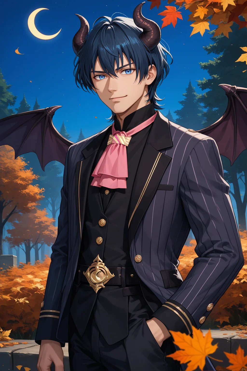 score_9, score_8_up, score_7_up, score_6_up, source_anime, 1boy, male focus <lora:mbyleth-pdxl-nvwls-v1-000005:1> halmByl, dark blue hair, short hair, blue eyes, hair between eyes, demon horns, black suit, formal, striped suit jacket, pink ascot, belt, black pants, demon wings, night sky, crescent moon, smirk, looking at you, forest, autumn