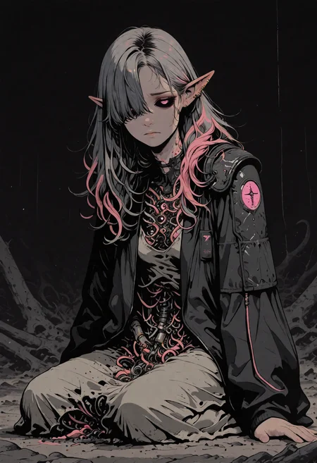 1girl, solo, EyesHD, large, two-tone hair, (dark grey hair), pink hair, long hair, disheveled hair, hair over one eye, parted bangs, hair half over shoulder), pink eyes, single black sclera, elf ears, ear piercing, grey shirt, black jacket, open jacket, shoulder armor, contorted body, pain, horror atmoshere, bood rain, full body,
sinozick style, flat color, dark theme, in the style of cksc, illustration, masterpiece, (extremely detailed CG 8k), (very fine 8K CG), (ultra detailed perfect piece:1.2), lat color, no lineart,,(no lineart, flat art style:1.0), NO_LINE_ART, comical, simple,
<lora:Sinozick_Style_XL_Pony:0.35> <lora:NOOB_vp1_detailer_by_volnovik_v1:1> <lora:ponyv6_noobV1_2_adamW:0.9> <lora:ck-shadow-circuit-IL:1>