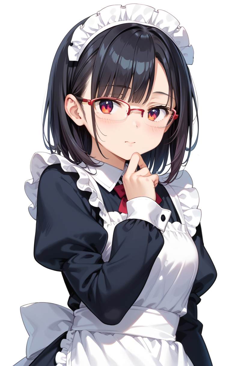 score_9, score_8_up, score_7_up, rating_safe, masterpiece, best quality, absurdres, unity 8k wallpaper, official art, official style, source_anime, uncensored, game cg, megami magazine,
1girl, solo, black hair, medium hair, upper body, covered eyes,maid, maid headdress, black dress, maid apron, face focus,
halfrim17s,  still life, white background, simple background, red-framed eyewear,
 <lora:glasses_halfrim17S_PONY_V1:1>