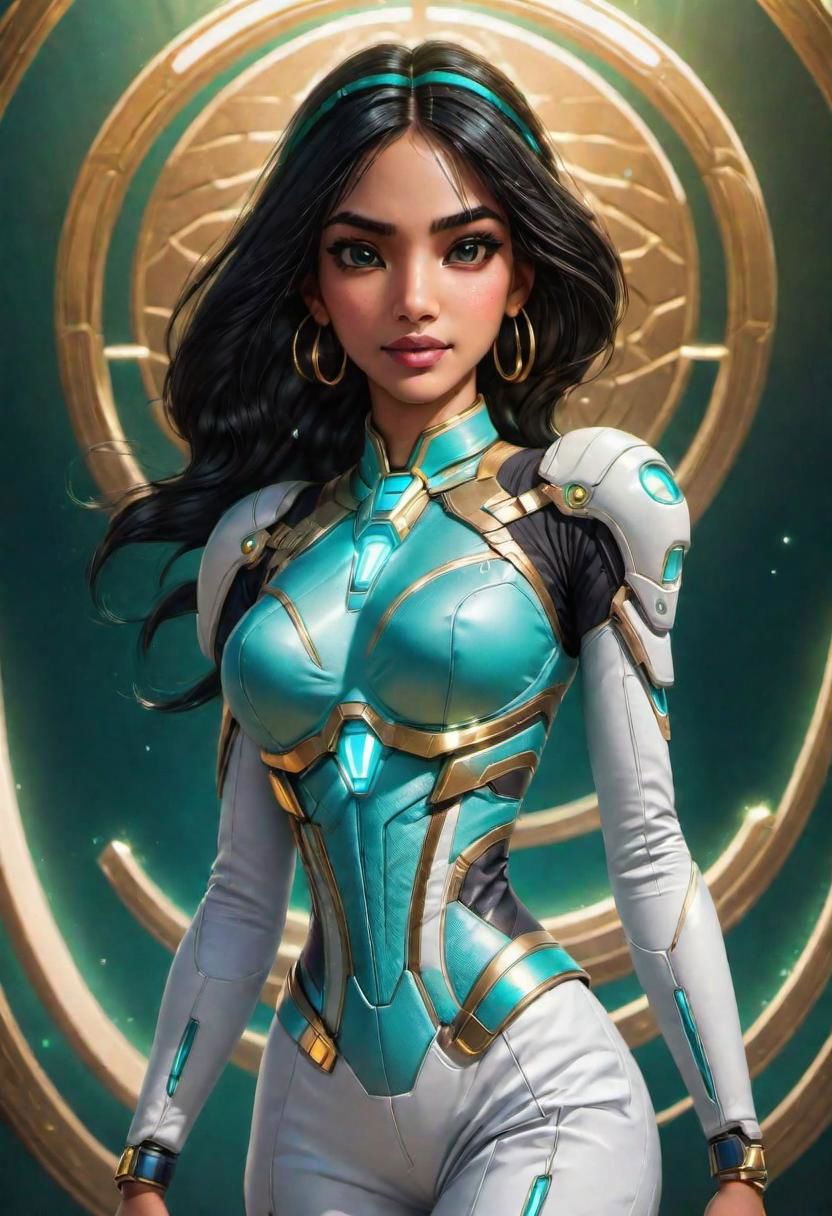(masterpiece), 
1girl,
Jasmine, 
OverallDetail,
powered futuristic outfit,
powered futuristic necklace,
golden light energy,
cyberpunk background,