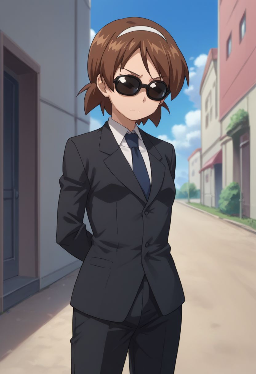 score_9, score_8_up, score_7_up, source_anime, 
sanae, 1girl, sunglasses, solo, brown hair, formal, suit, parody, necktie, hairband,
short hair, arms behind back, pant suit,
outdoor,