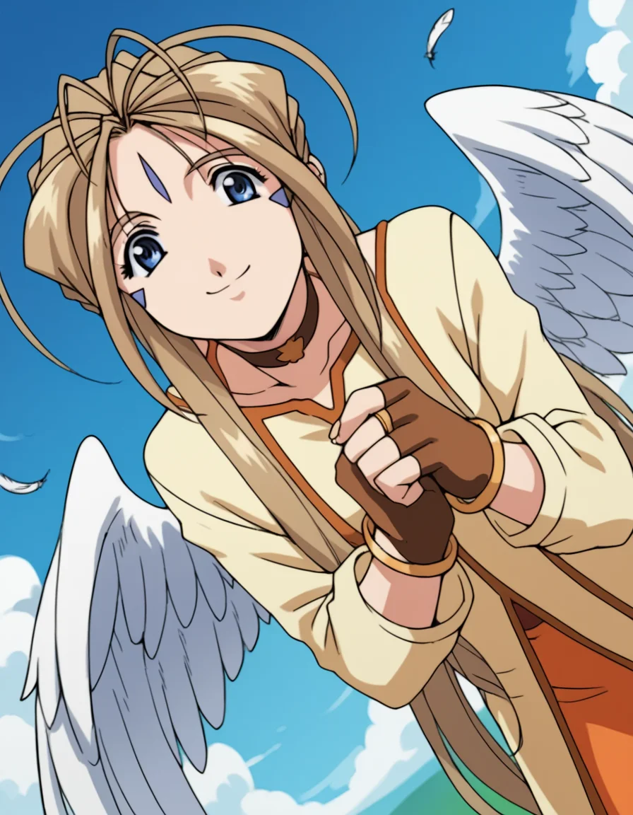 score_9, score_8_up, score_7_up, source_anime,
belldandy, <lora:belldandy-s2-ponyxl-lora-nochekaiser:1>,
belldandy, long hair, blue eyes, brown hair, facial mark, forehead mark,
gloves, wings, choker, fingerless gloves, bracelet, ring, feathers, angel wings,
sky, blue sky, clouds, bent over, smile,
cowboy shot, solo, dutch angle, looking at viewer,