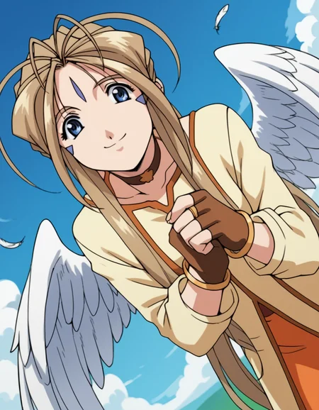 score_9, score_8_up, score_7_up, source_anime,
belldandy, <lora:belldandy-s2-ponyxl-lora-nochekaiser:1>,
belldandy, long hair, blue eyes, brown hair, facial mark, forehead mark,
gloves, wings, choker, fingerless gloves, bracelet, ring, feathers, angel wings,
sky, blue sky, clouds, bent over, smile,
cowboy shot, solo, dutch angle, looking at viewer,
