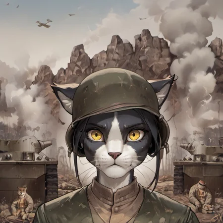 masterpiece, score_9, source_furry, anthro, furry, 1girl, Ember (ESO), feline, black and white fur, yellow eyes, detailed fur, military action in background, exhausted, shocked, looks at viewer
