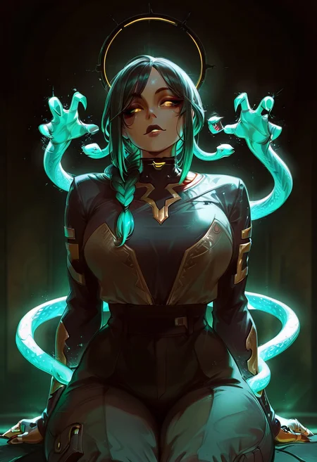 Rating_sfw, mature woman,dynamic hands hacking pose, cyberwear, cyberpunk, humanoid , cybernetic enhancement, serpent themed , oversized clothes, cargo pants, dark clear skin, Egyptian themed lap, ((cute face)), innocent face, pretty face, eyes, detailed eyes, long eyelashes, eyeliner, gorgon,glitching hair, ,(( single braid )) (ar-glitch holographic Snake hair, snake, snake_hair,)) , , eyes, glowing snake, charismatic, curvy, aesthetic, ((perfectly robotic hair, snake hair)), thick lips, full lips, skinny, (slim build), small waist, big breasts,, beautiful detailed face, small face, beautifully complex colored iris, ), enchanting, looking at the viewer,