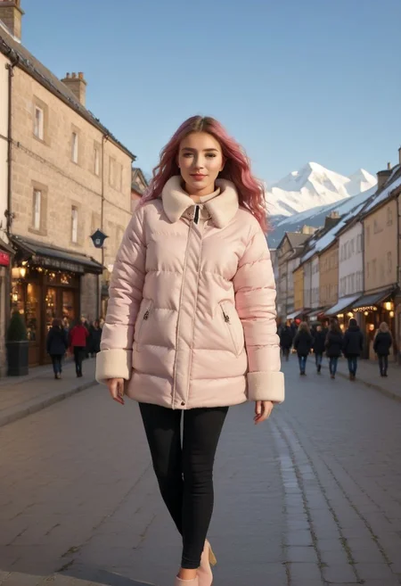 white Oversized shearling padded down jacket, white Oversized shearling padded puffer jacket, white Oversized shearling padded down coat, white Oversized shearling padded puffer coat, Oversized shearling padded winter clothes, very very cold, realistic, feet out of frame, standing, walking, 1girl, solo, masterpiece, illustration, beautiful detailed sky, beautiful-detailed eyes, eyeliner, eyelashes, arrogant, half-closed eyes, condescending look, condescending satisfied look, condescending light smile, seductive look, lookng at viewer, cinematic light, ultra detailed, disheveled hair, pink hair, long hair, light blue eyes, curly hair, pink choker, bracelet, wet, day, sky, sunlight, (pressure sherpa cuffs:1.8), (pressure sherpa collar:1.8), (Thick padded cuffs:1.4), (Thick padded collar:1.4), <lora:Collar-SDXL:0.75>, <lora:Cuffs-SDXL:0.75>, <lora:fashion_lora:0.6>