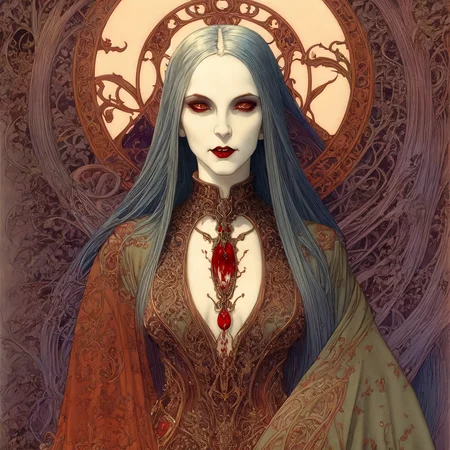painting, portrait, half body Art Nouveau Style, a very pale skinned undead vampire, showing fangs, bloodstains, at the graveyard, dark style, dark sky, weathered, steampunk by moebius, masterpiece, best quality, intricate, highly detailed:1.1, drawing, Jean Giraud, <lora:add_detail:1>, <lora:Moebius:0.7>, <lora:Nouveau_last:1> border, muted colours,
