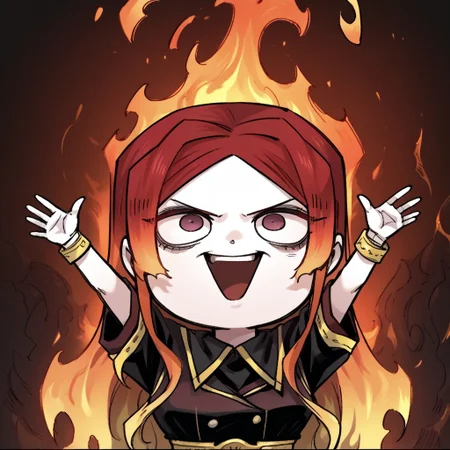 zPDXL3, score_9_up, score_8_up, score_7_up, (Anime_source), 1girl, arms up, fire, outstretched arms, upper Body, burning, (chibi), Marley, lavender eyes, multicolored hair, long hair, red hair, yellow hair, Marley clothes, open mouth, evil laugh