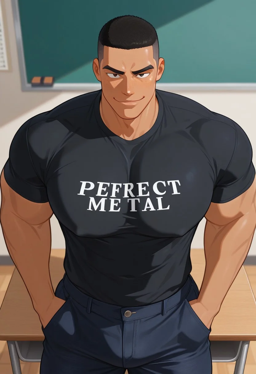 masterpiece, best quality, newest, absurdres, highres, male, bara color background, masterpiece, best quality, absurdres, newest, perfect quality, best quality, intricate details, bara, muscular male, wearing black jeans with rips in them, black rock metal shirt, tight black rock metal shirt, big pecs, big moobs, freckles on face, hands in pocket, school emvirment, leaning against school desk, classroom, wooden desk, leaning against wooden desk, buzzcut, smirking, confident look on face, slightly tanned skin, wearing black snapbacks, solo,