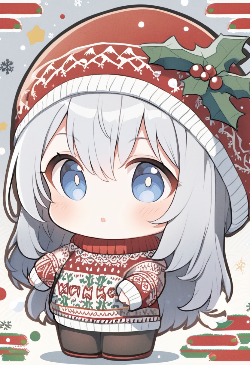 <lora:SDXLChristmasSweater:0.9>christmassweater, chibi girl wearing a christmas sweater