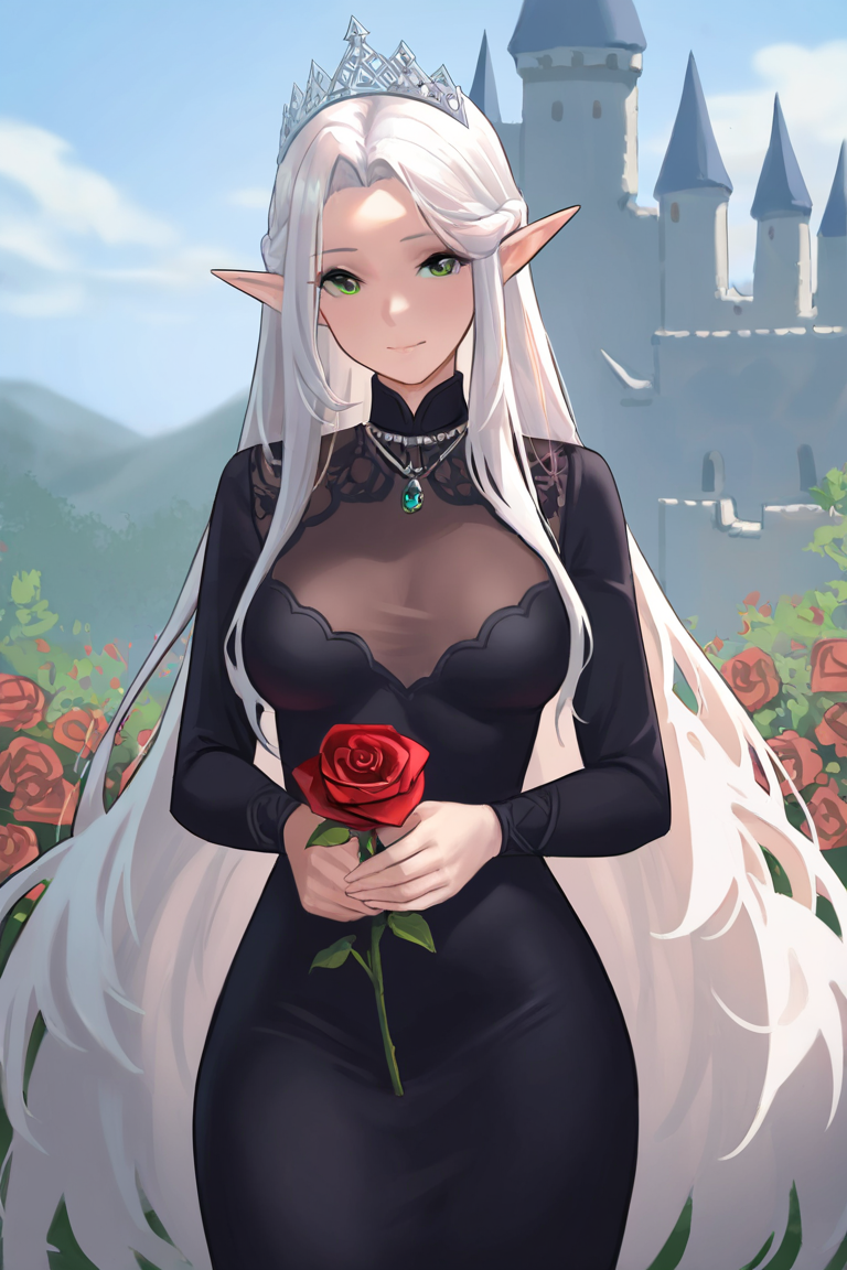 masterpiece, best quality, highres, newest, 1girl, solo, mature female, elf, pointy ears, breasts, long hair, very long hair, white hair, green eyes, portrait, looking at viewer, medium breasts, high collar, long dress, black dress, crown, silver crown, holding, holding flower, rose, red rose, necklace, jewelry, closed mouth, cowboy shot, standing, outdoors, castle <lora:NAI3 Smooth Boys [LoRA] - NoobAI-XL EPS 1.0:0.8>
