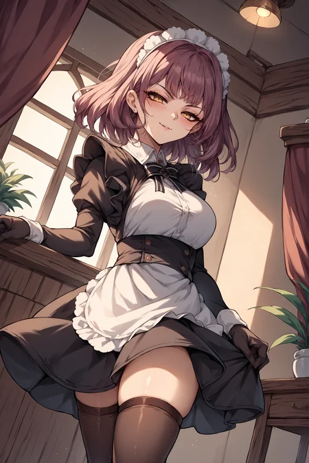 score_9, score_8_up, score_7_up, , rating_general,1girl ,dvmd, maid headdress, maid, black gloves, maid apron, thigh holster, thighhighs, ankle boots, source_anime, indoors, naughty face, dynamic angle , source_anime, indoors,  cowboy shot,  <lora:DevonshirePDANICAMEq2v1.3 AL-000008:1>