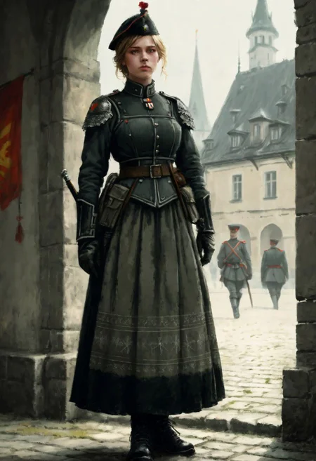 beautiful slim large-breast young heavy-armor female German soldier, long dress, socks, boots, digital painting in jrst artstyle