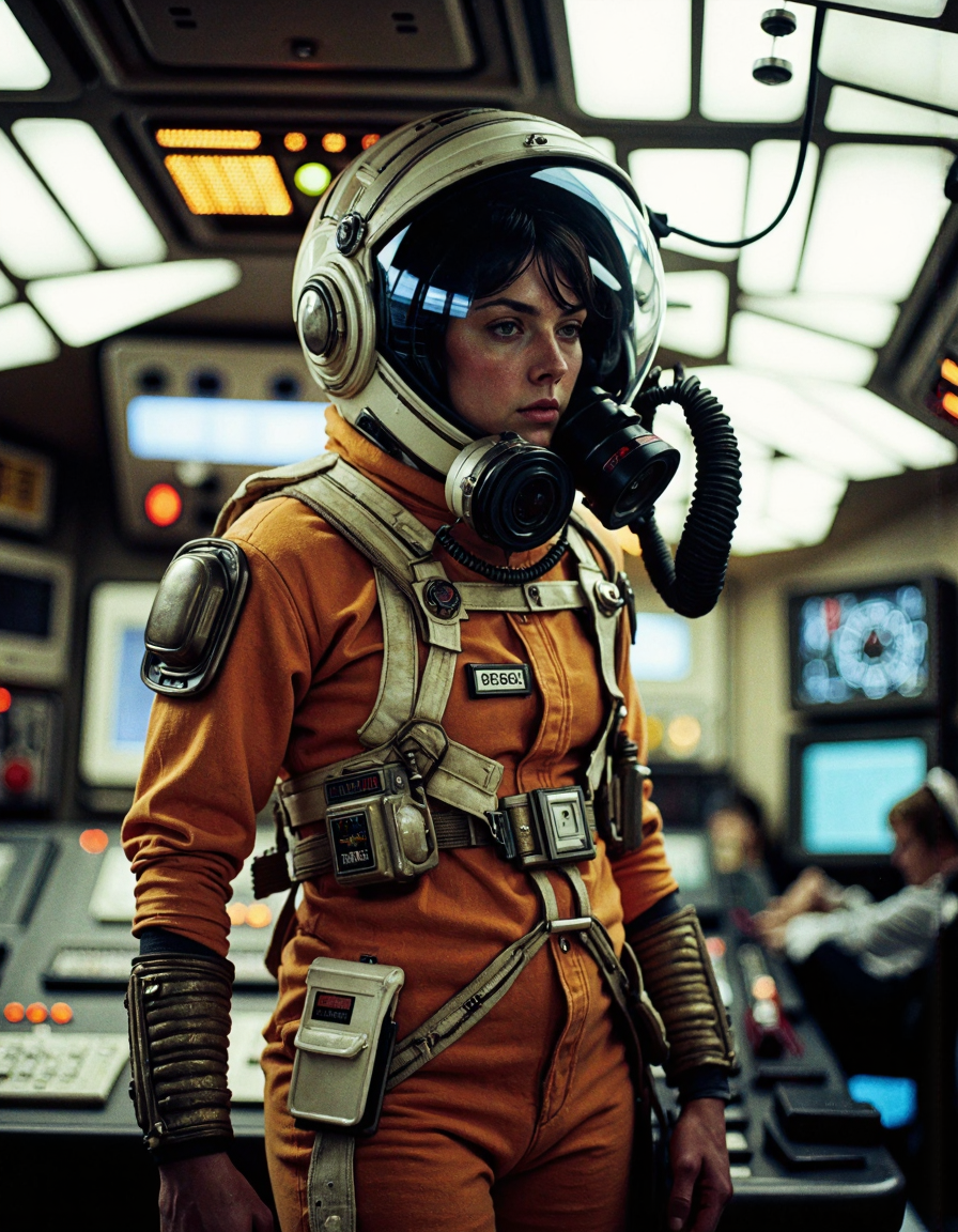 nostromo style woman wearing spacesuit with armor, space helmet with gas mask, jumbotron, ceiling decoration, control panels, buttons, switches, lights, science fiction, horror,
extremely detailed, sharp focus, sharp
