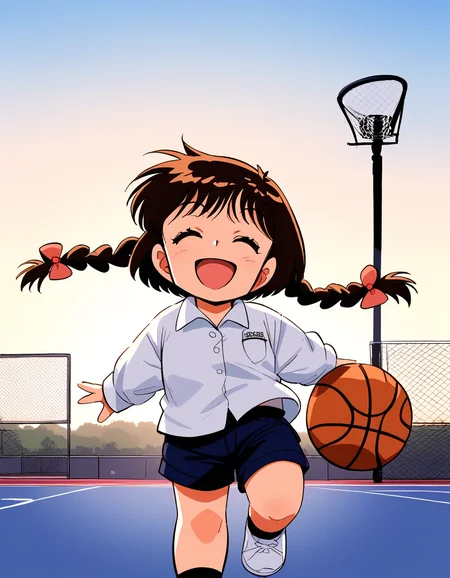 score_9, score_8_up, score_7_up, source_anime, rating_explicit, BREAK <lora:Shinba_Kurumi_XL:1>Shinba_Kurumi, brown hair, closed eyes, twin braids, hair bow, short hair, short stack, 
1girl, solo, smile, shorts, shirt, bow, collared shirt, long sleeves, closed mouth,  bangs,  standing, bag, open mouth,
sky, day, basketball, ground,