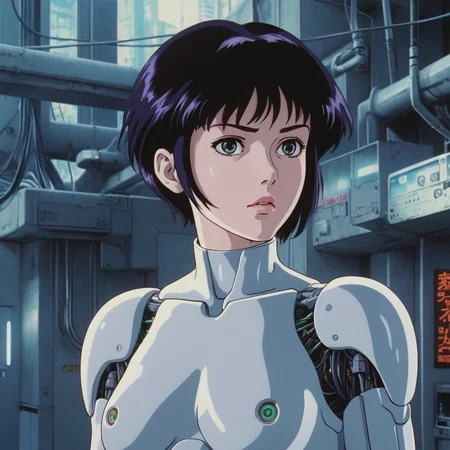 8k UHD ultra highly detailed, 1990s anime screenshot, Ghost in the Shell 1995, retro art style of Mamoru Oshii, cyborg, wires, futuristic, beautiful 1girl