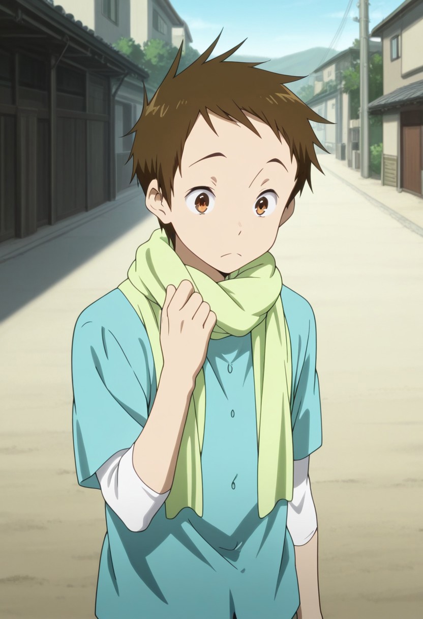 masterpiece,best quality,amazing quality, source_anime,
SatosFukube, 1boy, male focus, solo, brown eyes, brown hair, scarf, green scarf, shirt, blue shirt, white shirt, short over long sleeves, outdoor,