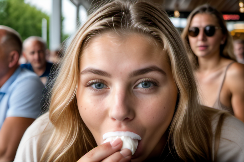 photo of a 18 years old hot european woman sitting right in front of me and swallow cream from her fingers, wet mouth, blowjob, background a public cafe with audience, natural light, 4k, highly detailed