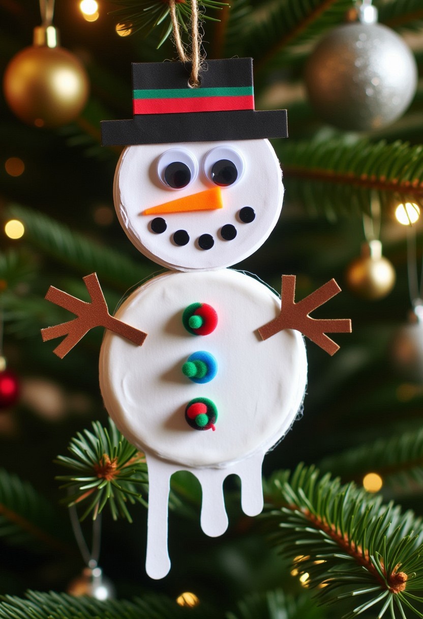 Photograph of a festive, whimsical, handmade Christmas decoration in the form of a melting snowman, created using basic crafting supplies, hanging on a Christmas tree.