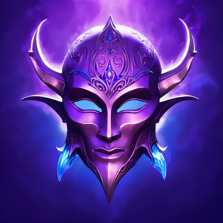 (((masterpiece))),(((bestÂ quality))),((ultra-detailed))ï¼SkillIcon,A metal mask with intricate elven carvings, the purple magic fireball fell from above, with a blue background <lora:SkillIcondreamshapelocon-000044:0.6>