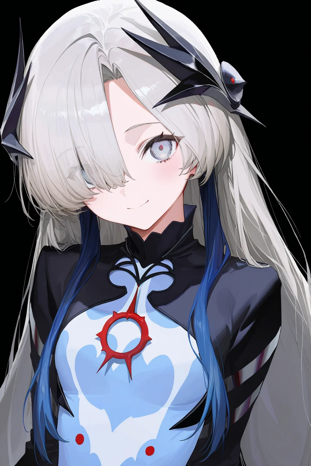 1girl, <lora:YatagarasuV1:0.8>
isekaijoucho, yatagarasu, gray long hair, black hair ornament, hair over one eye, gray eyes, blue hair extensions, multicolored_hair, black blue two tone dress, long sleeves, white pantyhose,
upper body, smiling, simple background, black background,
masterpiece,best quality,newest,absurdres,highres, artist: LM7, artist: ciloranko,artist: awei,artist: Infukun,artist: sho_(sho_lwlw),artist: modare,artist: feint721,artist: azling,artist: chuzenji,