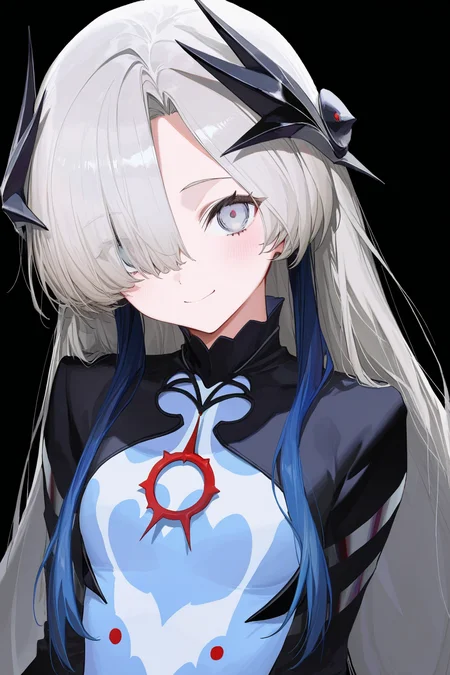 1girl, <lora:YatagarasuV1:0.8>
isekaijoucho, yatagarasu, gray long hair, black hair ornament, hair over one eye, gray eyes, blue hair extensions, multicolored_hair, black blue two tone dress, long sleeves, white pantyhose,
upper body, smiling, simple background, black background,
masterpiece,best quality,newest,absurdres,highres, artist: LM7, artist: ciloranko,artist: awei,artist: Infukun,artist: sho_(sho_lwlw),artist: modare,artist: feint721,artist: azling,artist: chuzenji,