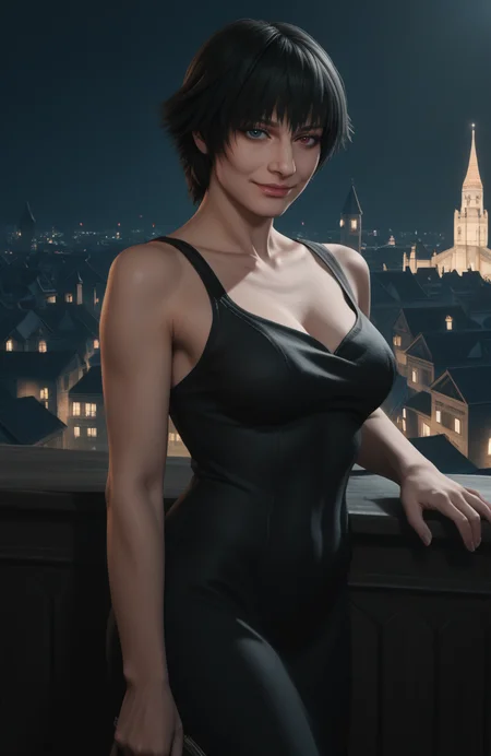 detailed realistic photo, score_9, score_8_up, score_7_up, score_6_up, score_5_up, score_4_up, <lora:LadyDMC5Screens_t3-000013-128:1.0> 1girl, DMCLady, short black hair, heterochromia, dynamic angle
, black dress, smile, large breasts, mature
, mansion, darkness, moody lighting, backlit, rim lighting, city, at night