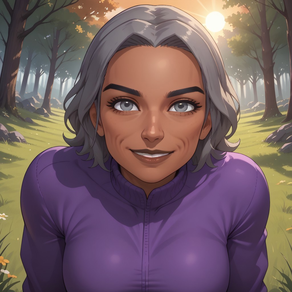 score_9, score_8, BREAK, solo, wii, mii, wii sports, 1girl, female mii, grey hair, old woman, black eyebrows, grey eyes, brown lips, lipstick, purple clothing, white pants, shoes, breasts, nintendo mii, modern_mii, classic_mii, Anna_(Wii_Sports), dark skin, dark skin female, sexy pose, self portrait, smile, outdoors, sunlight, shadows, evening lighting, natural lighting, forest, trees, grass, orange sky, sunset