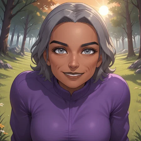 score_9, score_8, BREAK, solo, wii, mii, wii sports, 1girl, female mii, grey hair, old woman, black eyebrows, grey eyes, brown lips, lipstick, purple clothing, white pants, shoes, breasts, nintendo mii, modern_mii, classic_mii, Anna_(Wii_Sports), dark skin, dark skin female, sexy pose, self portrait, smile, outdoors, sunlight, shadows, evening lighting, natural lighting, forest, trees, grass, orange sky, sunset