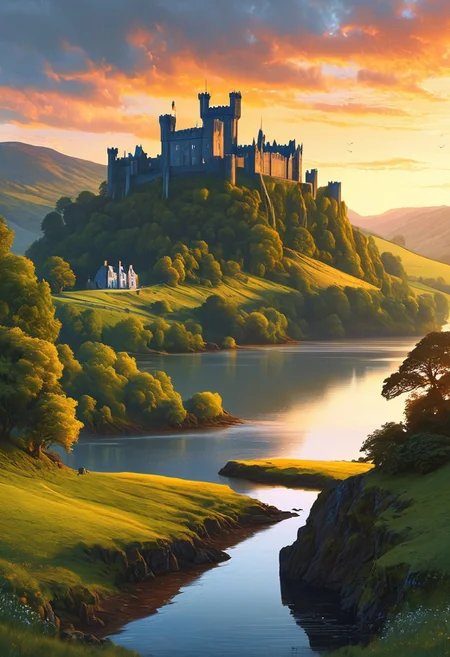 A captivating night scene illustration featuring a beautiful castle on a large  hill overlooking a lake in Wales.   The castle is ancient but well maintained and updated and comfortable to live in.  This enchanting artwork captures a serene and peaceful early morning, where the sun is just starting to rise over the beautiful hills and castle which   stands resolute amidst hills of Wales, creating a cinematic experience., illustration, cinematic
<lora:DonM3t3rn1tyXL-v1.1:0.7>, DonM3t3rn1tyXL,
OverallDetailXL  <lora:MJ52:0.3>  <lora:SDXLFaeTastic2400:0.4>  <lora:EpicF4nta5yXL:0.7>