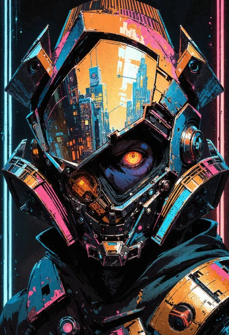 masterpiece, high-quality, art deco neon illustration, A face-filling close-up reveals the angular, geometric features of a samurais helmet, its polished silver surface etched with bold black deco patterns. Neon-orange and sapphire light strips outline the helmets edges, casting a futuristic glow on the samurais determined eyes, visible through a narrow visor. Reflections of a sprawling 1920s-inspired metropolis shimmer in the helmetâs curves, with skyscrapers adorned in zigzag motifs and glowing advertisements. Sharp metallic textures contrast with soft gradients in the background, evoking a fusion of tradition and retro-futuristic defiance, <lora:FLUX\FLUX-daubrez-DB4RZ:0.3> <lora:FLUX\Anime v1.3:0.5> <lora:FLUX\DarksunRiddV4:0.6> <lora:FLUX\ArcaneFGTNR:0.5>