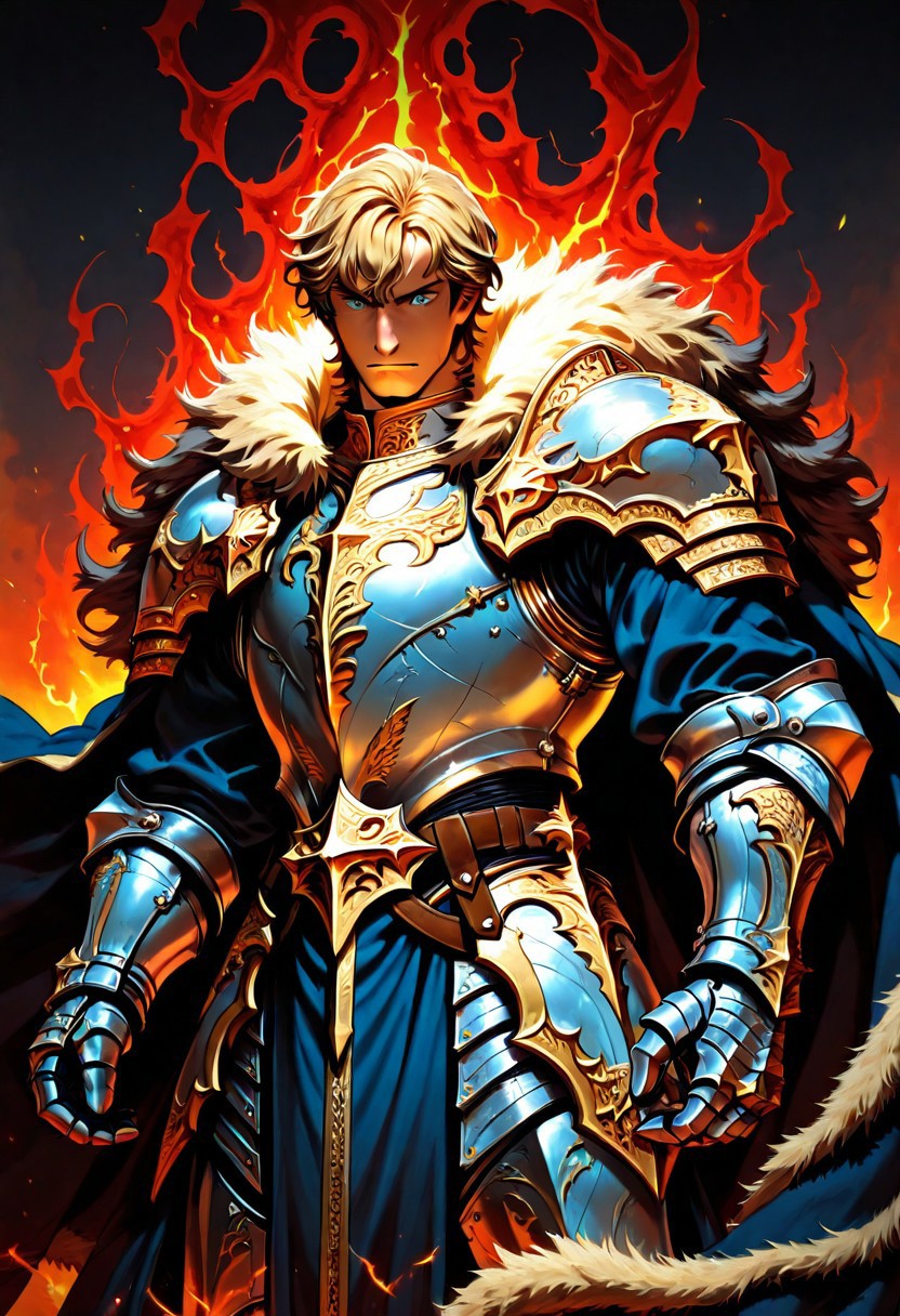 1boy, gawain_fgo,  best eyes, cuirass, pauldrons, gauntlets, faulds, cardigan, gauntlets, faulds, fur-trimmed cape, paladin, holy aura, male focus, solo