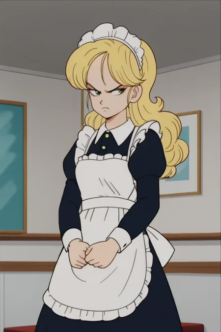 source_anime, score_9, score_8_up, score_7_up, anime screencap,
high quality, launch bad,
blonde hair, long hair, green eyes, curly hair,
maid, maid headdress, angry, upset, mansion, indoors,
<lora:launch_pony_v1.0:0.8>