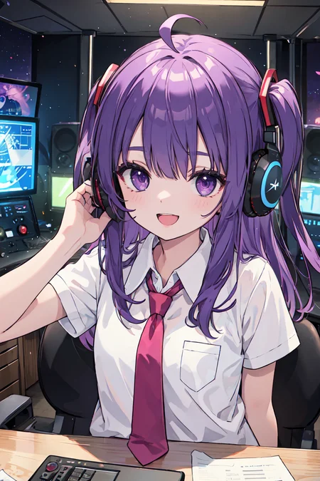 (masterpiece), 1firl, solo, purple hair, long hair, ahoge, purple eyes, long two side up, small breasts, white shirt, red necktie, radio station, headphones, microphone, short sleeves, close-up, open mouth, happy, colorful, light particles, desk