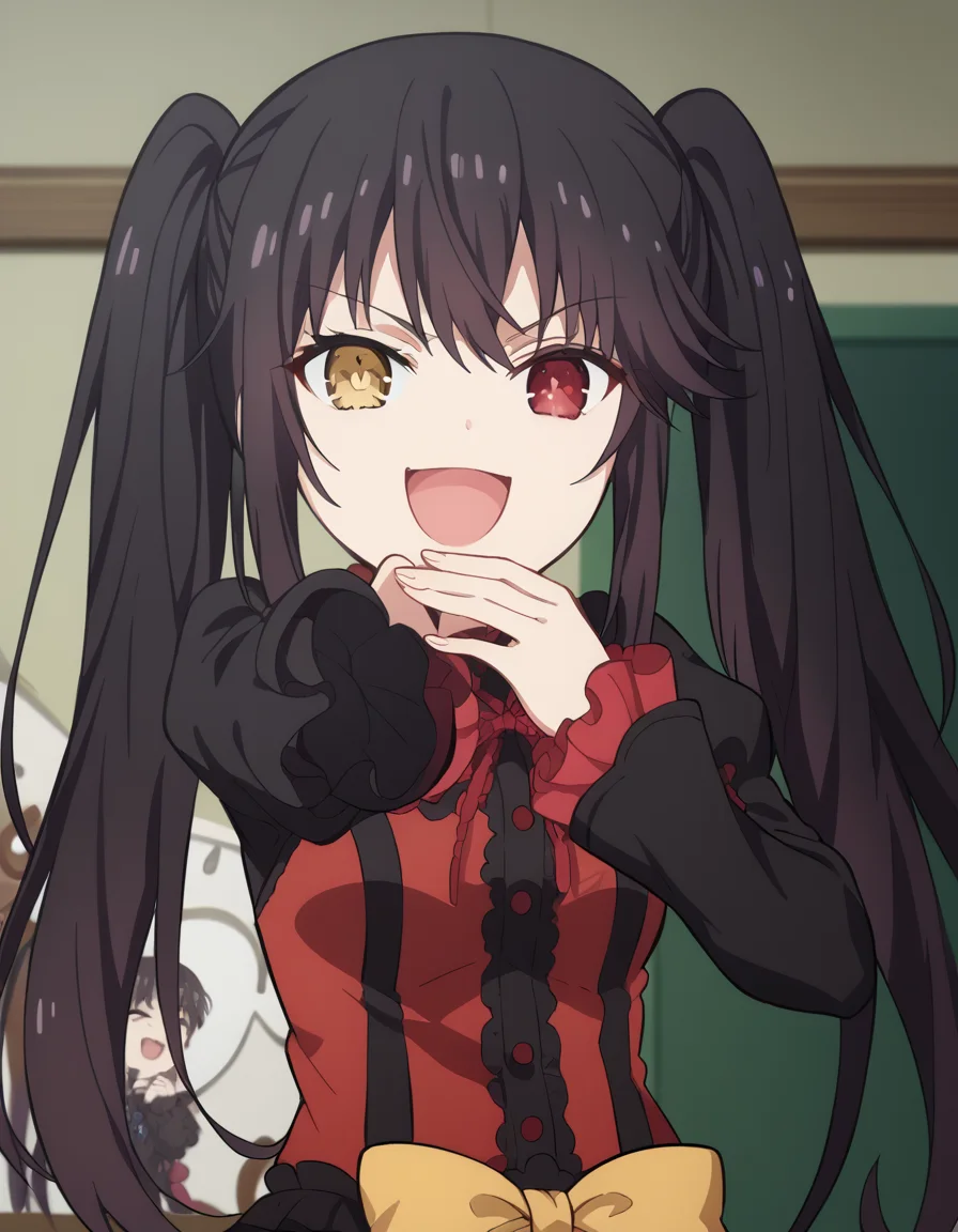 score_9, score_8_up, score_7_up, source_anime, kurumitokisaki, <lora:kurumi-tokisaki-s4s5-ponyxl-lora-nochekaiser:1>, kurumi tokisaki, black hair, red eyes, long hair, twintails, yellow eyes, heterochromia, clock eyes,, <lora:ojou-sama-pose-ponyxl-lora-nochekaiser:1>, ojou-sama pose, laughing, smug, hand to own mouth, open mouth,, indoors, smile,, cowboy shot, dutch angle, looking at viewer,