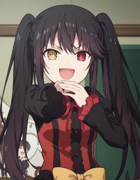score_9, score_8_up, score_7_up, source_anime, kurumitokisaki, <lora:kurumi-tokisaki-s4s5-ponyxl-lora-nochekaiser:1>, kurumi tokisaki, black hair, red eyes, long hair, twintails, yellow eyes, heterochromia, clock eyes,, <lora:ojou-sama-pose-ponyxl-lora-nochekaiser:1>, ojou-sama pose, laughing, smug, hand to own mouth, open mouth,, indoors, smile,, cowboy shot, dutch angle, looking at viewer,