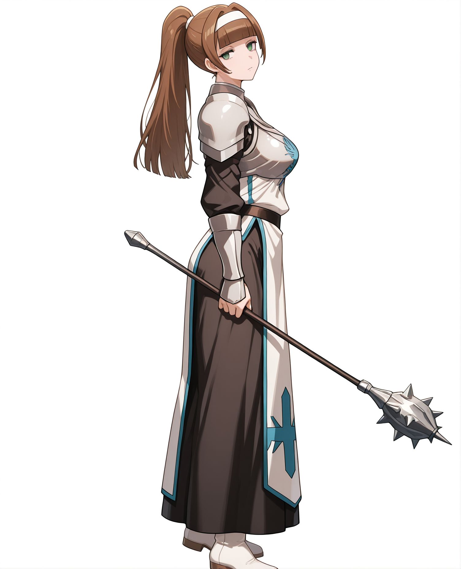 masterpiece,best quality,amazing quality,very aesthetic,absurdres,newest, huge filesize,
<lora:spo_sdxl_10ep_4k-data_lora_webui:0.5>,
<lora:add-detail-xl:1> anime screencap,  overlord,official art, 
BREAK
<lora:overlord_The_Sacred_Kingdom_V2:1>overlord_V2,
1girl,solo, 
brown hair,armor,long hair,
full body,white boots, 
slanted eyes,dark green eyes, blunt bangs, 
high ponytail, white hairband,
simple background, 
white background, closed mouth,  black skirt,long skirt,skirt,no socks, head tilt, from side,headback,
breastplate,looking at viewer, large breasts ,silver breastplate
shoulder armor,standing,
holding mace, Priest,
o_Kelart,blackout curtain,human female,