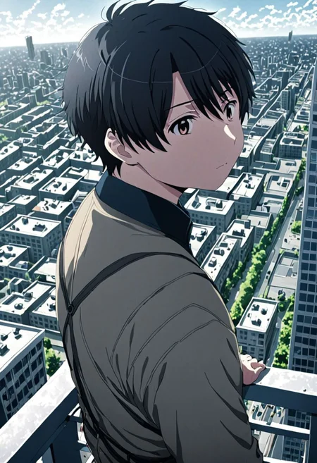 high resolution, solo, best quality, 1Boy, Inaho Kaizuka, Black Hair, high-rise, top of building, landscape, shallow depth of field, OverallDetail