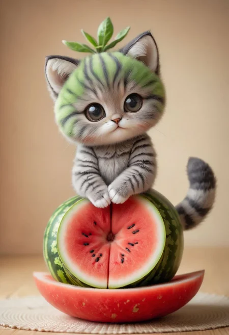 An award winning photo , a cute little baby cat,doing Yoga on a yoga matt in a watermelon costume,, (((cuteness overload))) <lora:add-detail-xl:1>, <lora:WowifierXL-V2:1>, zhibi
