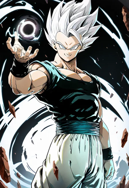 (masterpiece, best quality, good quality, very aesthetic, absurdres, newest:1.2), dbzhyp3ABU, solo, looking at viewer, smile, 1boy, white hair, male focus, pants, grey eyes, sash, muscular, muscular male, spiked hair, wristband, white pants, official style, debris, energy ball, black hole, , <lora:DragonballHype_NAI:1.0>,