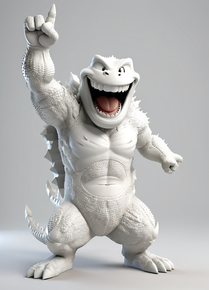 godzilla, 3d, render,white, plain background, victory pose, big smile,
 <lora:3DPrintingXL:0.8> WhiteMold