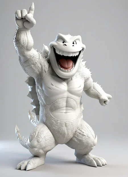 godzilla, 3d, render,white, plain background, victory pose, big smile,
 <lora:3DPrintingXL:0.8> WhiteMold