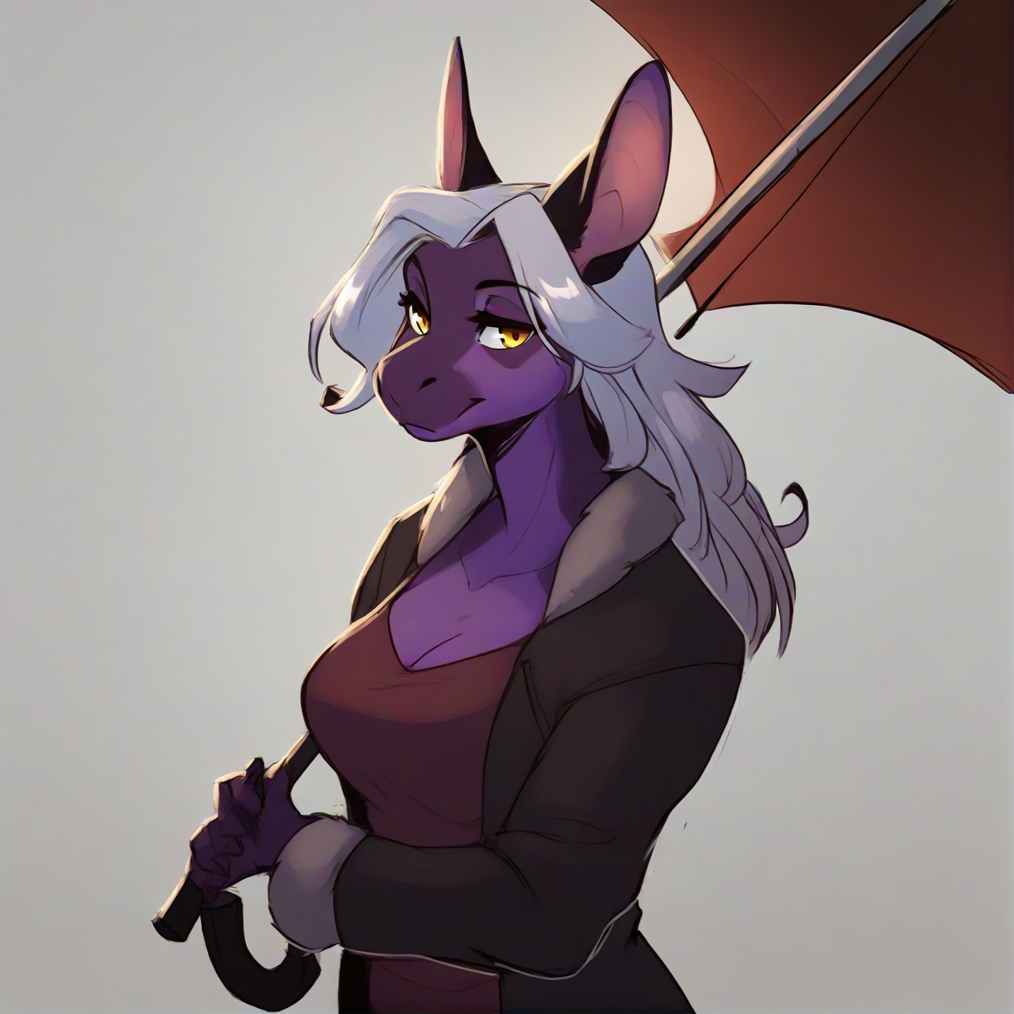 <lora:InuSama_V2_Style_PonyXL:0.8> inusama, by inu-sama,  score_9, score_8_up, score_7_up, score_6_up, score_5_up, score_4_up, source_furry, rating_safe, basilisk, silver hair, yellow eyes, purple body, clothed, clothing, detailed background, under an umbrella, leaning on edge, female, breasts, rating_safe,
