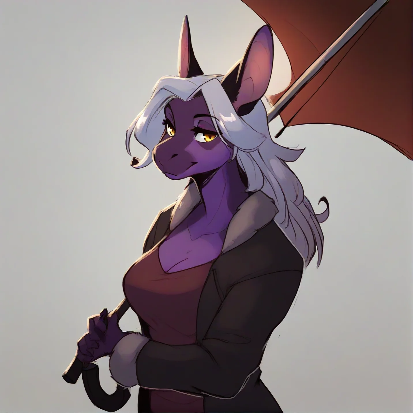 <lora:InuSama_V2_Style_PonyXL:0.8> inusama, by inu-sama, score_9, score_8_up, score_7_up, score_6_up, score_5_up, score_4_up, source_furry, rating_safe, basilisk, silver hair, yellow eyes, purple body, clothed, clothing, detailed background, under an umbrella, leaning on edge, female, breasts, rating_safe,