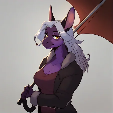 <lora:InuSama_V2_Style_PonyXL:0.8> inusama, by inu-sama,  score_9, score_8_up, score_7_up, score_6_up, score_5_up, score_4_up, source_furry, rating_safe, basilisk, silver hair, yellow eyes, purple body, clothed, clothing, detailed background, under an umbrella, leaning on edge, female, breasts, rating_safe,