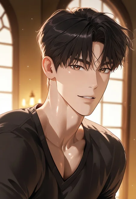 //General, masterpiece,best quality,amazing quality, source_anime, intricately detailed illustration, very aesthetic, absurdres, newest, anime coloring, subsurface scattering, , natural lighting, Expressiveh, detailed skin, shiny skin,aesthetics light, depth of field, vibrant colors,
//Fashion, black shirt, long sleeves,
//Background, castle interior, indoors, snow background outside the window,
//Others, 1boy, male focus, solo male, manly body,
//Action, looking at viewer, light smile, close up, upper body,
BREAK,
Kang_Dooshik, short hair, black hair, brown eyes, thick eyebrows, parted lips