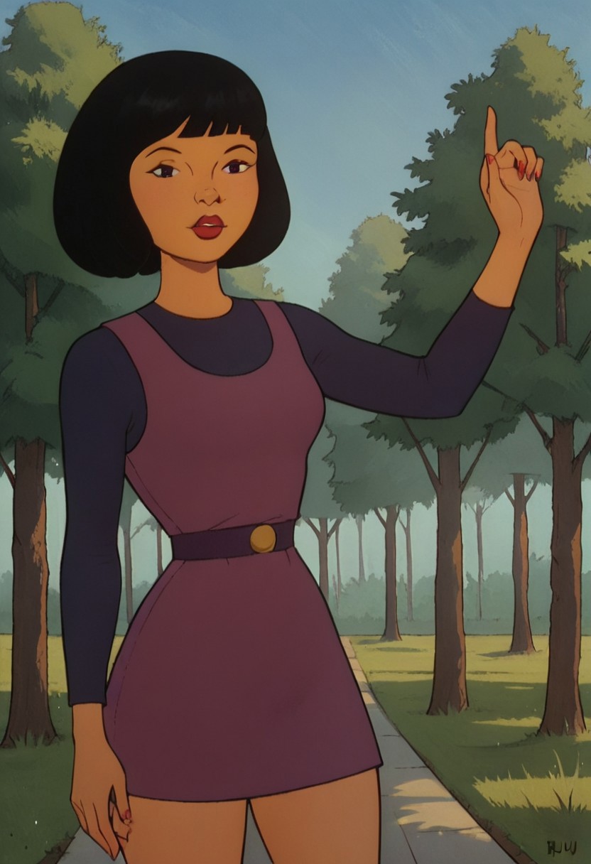 score_9, score_8_up, score_7_up, rating_safe, 1980s (style), retro artstyle
FA_Keiko_Imora, 1girl, black hair, short hair, bangs, brunt bangs, bob cut, lipstick, dark purple shirt, purple dress, bare legs, thighs
solo, standing, outdoors, Dynamic pose, trees, sky, cowboy shot, looking at viewer