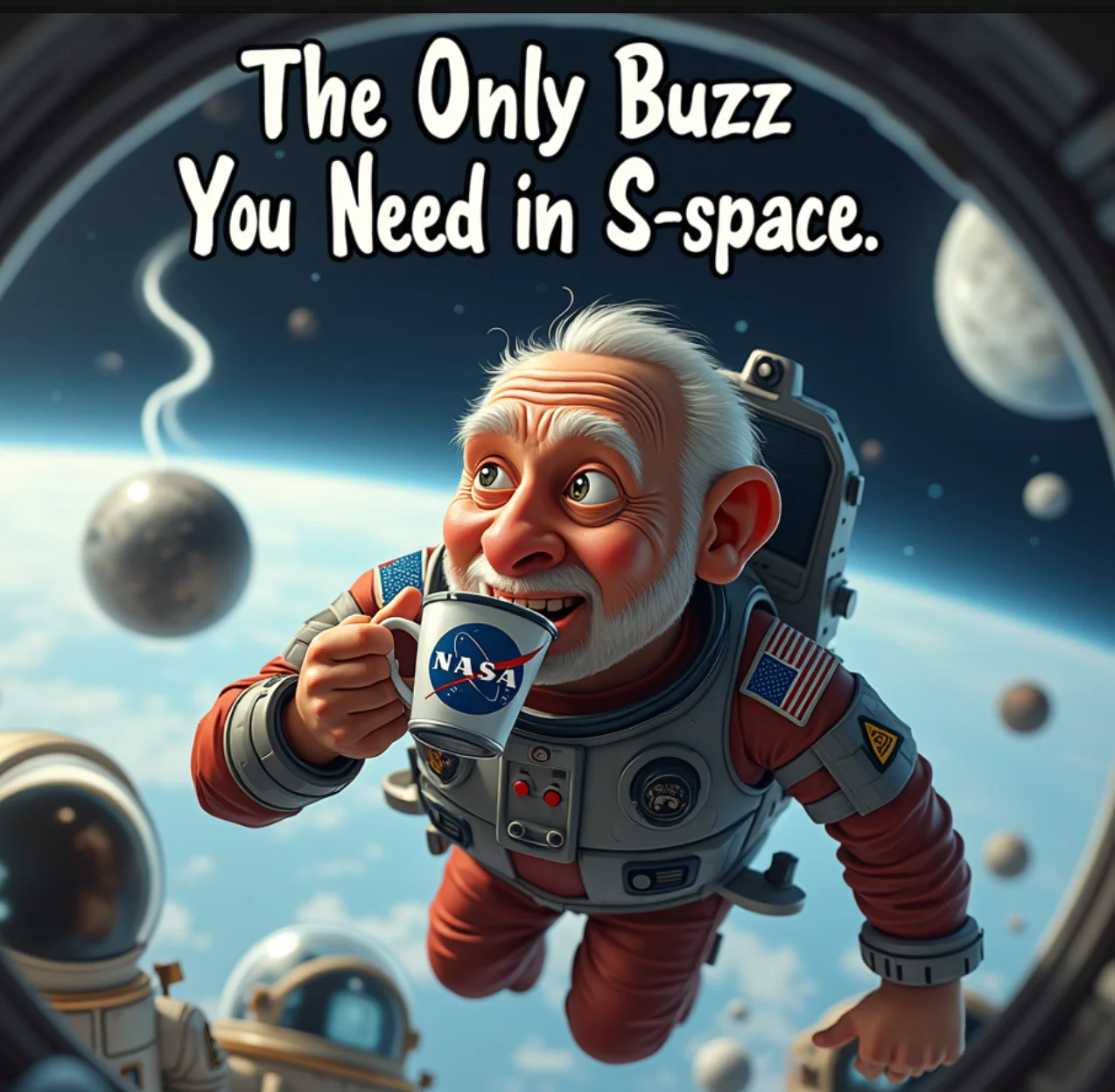 a humorous scene featuring Buzz Aldrin floating inside a futuristic spacecraft. Buzz Aldrin is casually sipping a cup of steaming coffee, which has the NASA logo on it. He has a relaxed, slightly amused expression. Around him, various objects like a helmet and NASA gear float weightlessly. Through the spacecraft windows, Earth and the moon are visible in the background. The text overlay reads 'The Only Buzz You Need in Space' in a playful font that matches the light-hearted theme of the image.